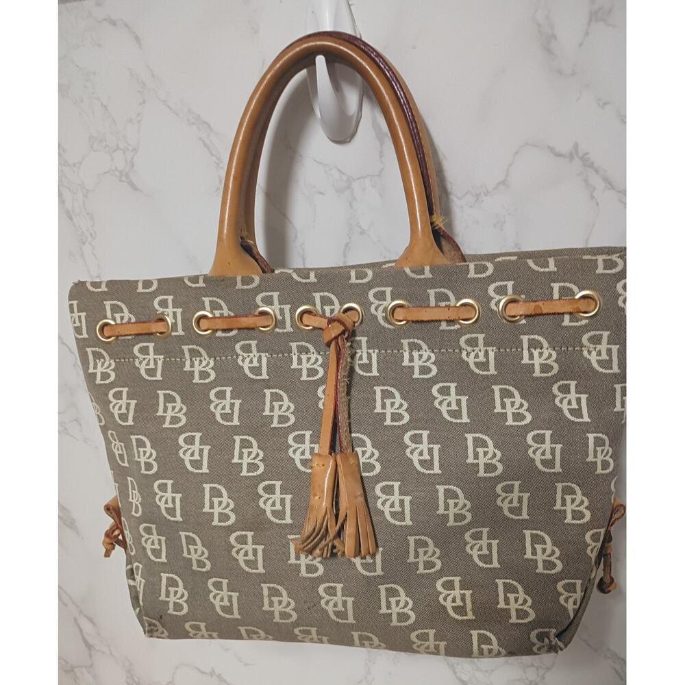 DOONEY & BOURKE Vintage Brown Monogram Canvas Tulip Tassel Tote - EUC